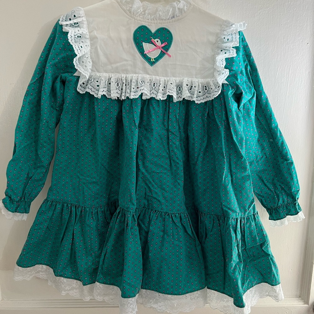 Nannekins Green Floral Lace Ruffle Duck Vintage Dress 6